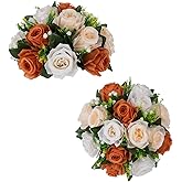 BLOSMON Flower Balls for Centerpieces Decoration: 2 Pcs Terracotta Artificial Rose Kissing Balls for Table - Fall Fake Silk Floral Bouquet with Base Arrangements for Home Party Room DIY Decor