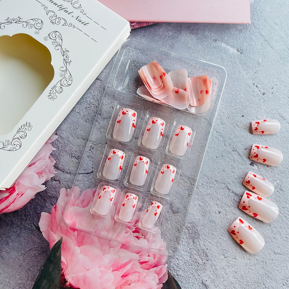 24Pcs Valentine's Day French Tip Press on Nails Short Square NEWSPIED Heart Fake Nails Pink Nail Tips Glue on Nails Glossy Designs Valentines False Nails for Women Acrylic Manicure Decorations Tips - Image 4