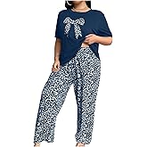 SHENHE Women's Plus Size Pajama Set Bow Leopard Print Long Sleeve Sleepwear 2 Piece Pants Pjs Set