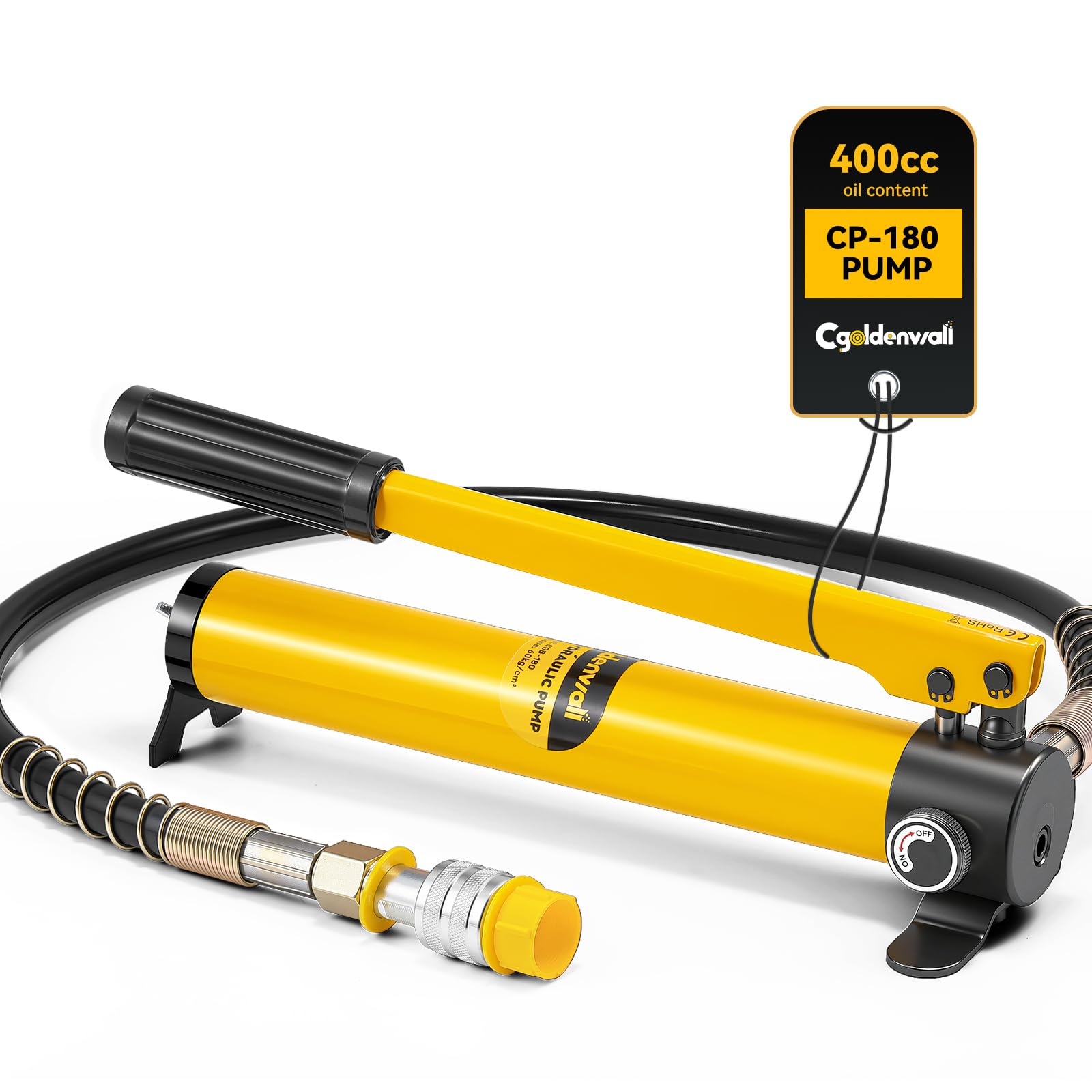 CGOLDENWALL CP-180 Manual Hydraulic Pump with 0.8m Hose- High Pressure: 60kg/㎝²- Oil Content: 400cc- Suitable for Using with Varieties of Hydraulic Tools
