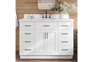 ARIEL Hepburn 49" White Bathroom Vanity with Sink, 1.5" Edge Pure White Quartz Countertop & Backsplash, Rectangular Sink, 2 Soft Closing Doors, 8 Full Extension Dovetail & 1 45-Degree Tilt Drawers