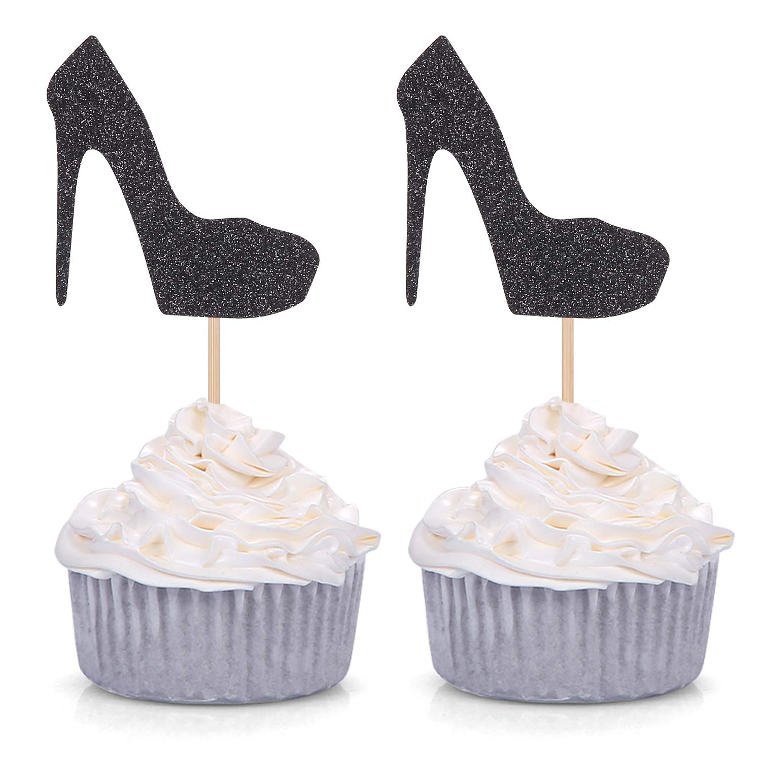Photo 1 of Pack of 24 Black Glitter High Heel Cupcake Toppers for Wedding Engagement Bridal Shower Party Stiletto Pump Decorations