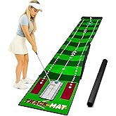 Golf Putting Mat 10ft, Indoor & Outdoor Portable Putting Green with Ball Bouncer, Putting Cup, Alignment Mirror, Roller Brush and Adjustable Slope Wedges, Ideal Practice Mat for Home or Office