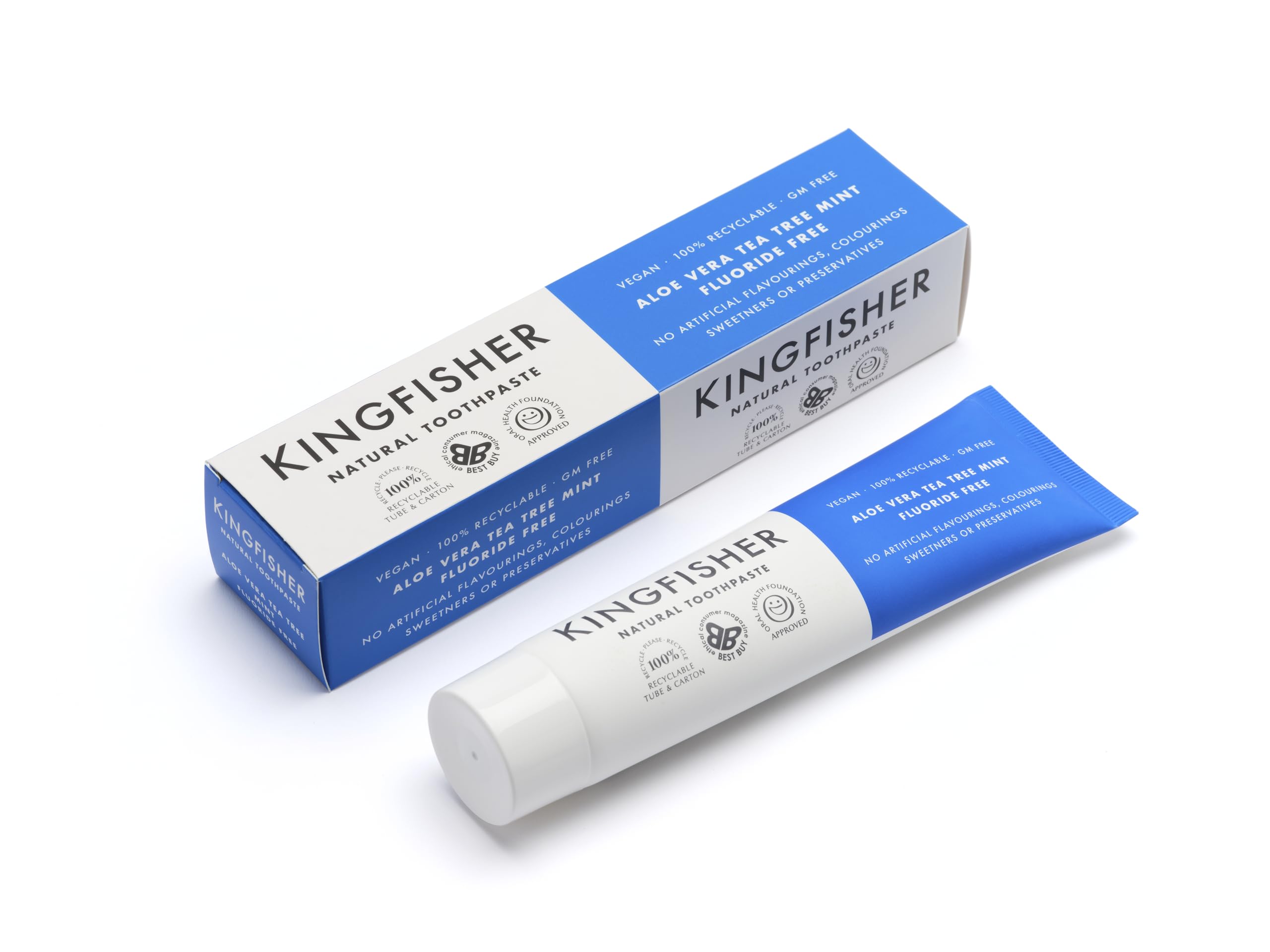 Kingfisher Natural Toothpaste Aloe Vera Tea Tree Mint Fluoride-Free | Vegetarian and Vegan | Oral Health Foundation Approved | Gluten-Free and GM-Free | Ethical Consumer Best Buy | 3 x 100ml Tubes