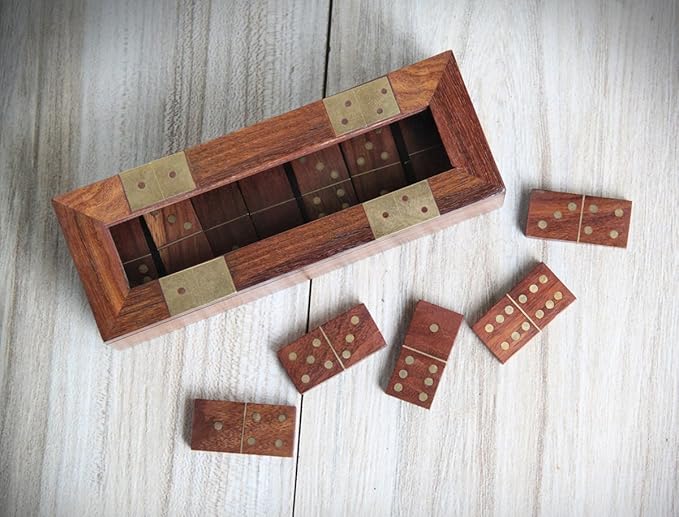 storeindya Classic Small Wooden Dominoes Game Set of 28 Double Six Tiles with Storage Box Handmade Block Games Accessories for Adults Kids (Light Brown with Glass)