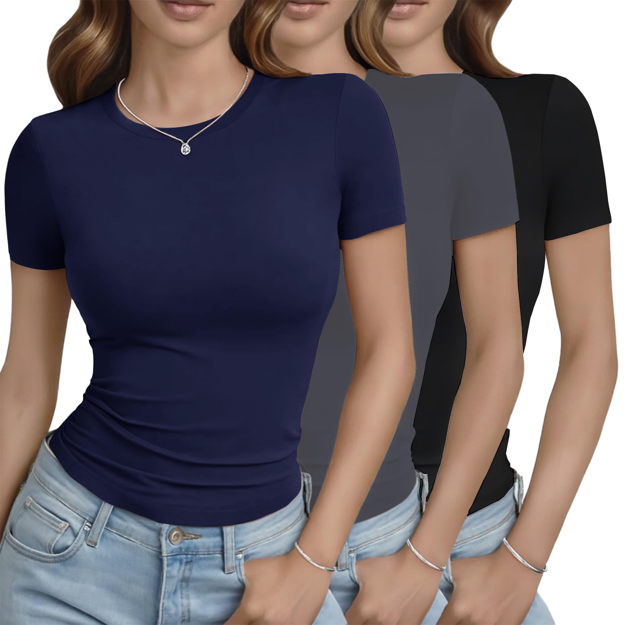 GAYHAY 3 Pack Basic Tees for Women - Crew Neck Slim Fit Tight T Shirts Cute Y2K Trendy Crop Tops Clothes for Casual Summer Black Grey Navy Blue Image
