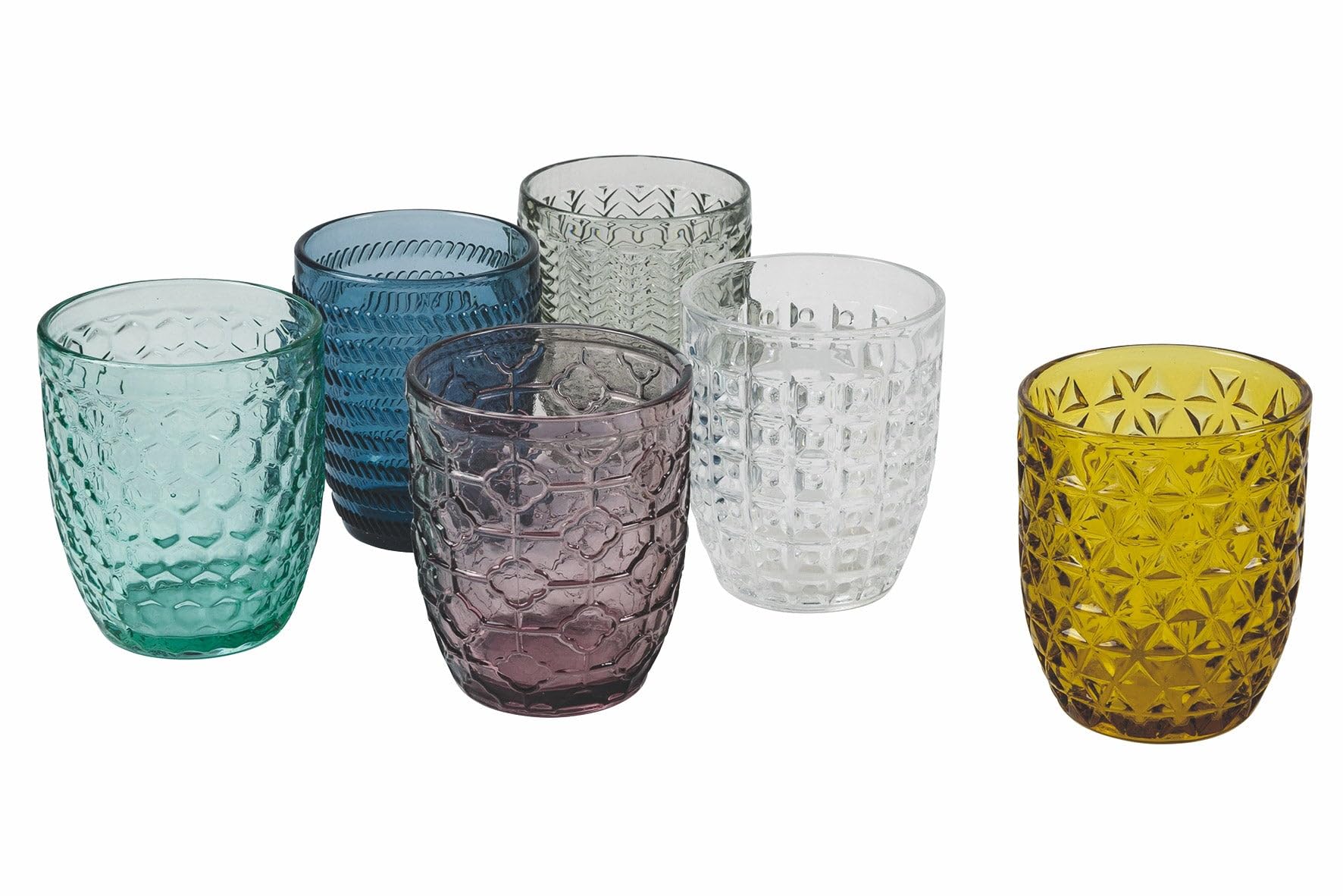 Villa d'Este Home Tivoli Geometry Water Glasses, Coloured Glass with Relief Finish, 240 ml, Pack of 6, Multi-Colour