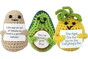 EzKnotify Funny Positive Potato Emotional Support Gag Gifts with Positive Card, Mini Knitted Cute Crochet Dolls for Friends, Parties, Birthdays, Christmas(Potatoes Pineapple Avocado)