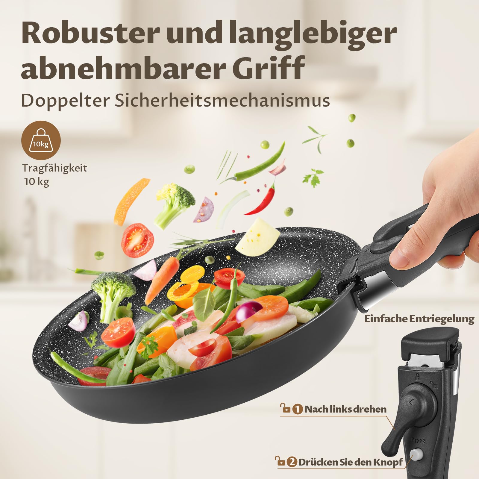 Fadware Pfannenset Induktion, Antihaftbeschichtete Bratpfanne 20, 24, 28 cm mit Abnehmbarem Griff für Kleine Küchen & Wohnmobile, Pfannen Set Stapelbar Platzsparend, für Alle Herdarten, Backofenfest 5