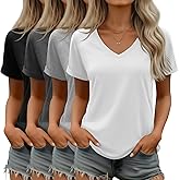 Riyiper 4 Pack Women's V Neck T Shirts, Summer Casual Short Sleeve Tops Loose Rolled Sleeve Tees Trendy Shirts