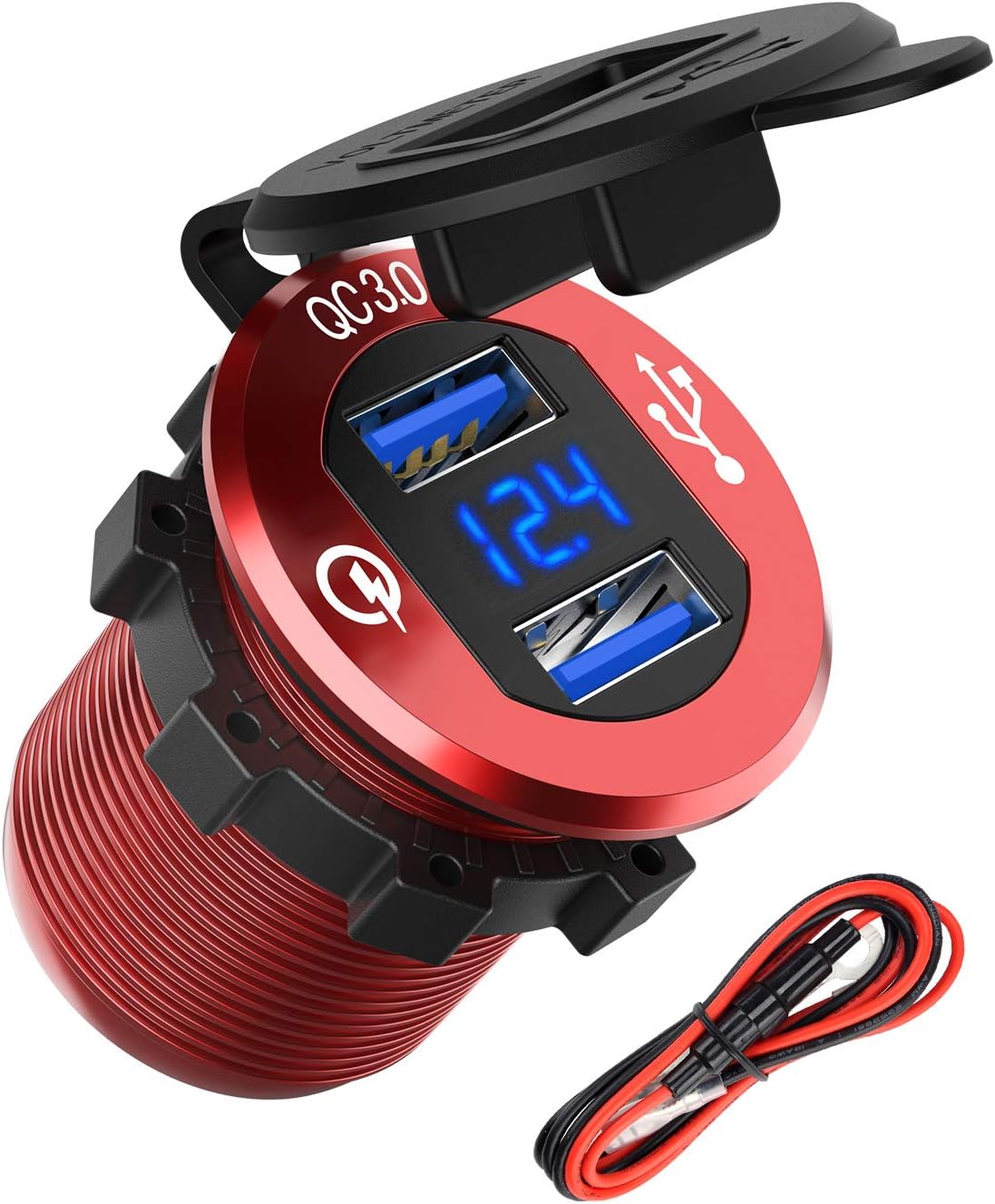 Quick Charge 3.0 USB Charger Socket, SunnyTrip Dual USB Car Power Outlet Waterproof Marine Cigarette Lighter Adapter 36W Fast Charge with LED Voltmeter for 12V/24V Boat Motorcycle ATV Bus Truck