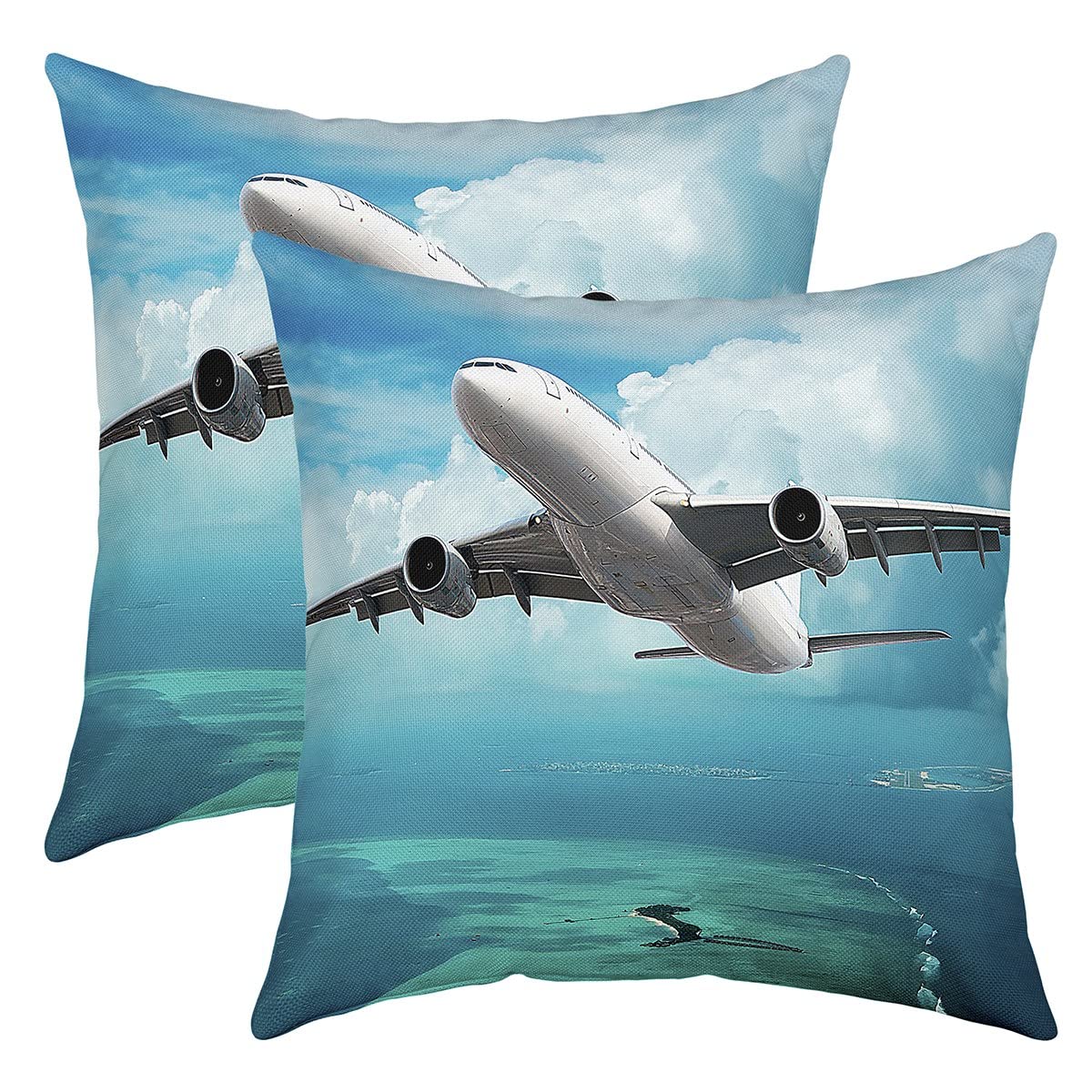 Loussiesd Set of 2 Aircraft Throw Pillow Covers Airplane Print Cushion Case for Home Living Room Decor Reversible Aircraft Flying Blue Helicopter Flying Plane Decorative Throw Cushion Case 16x16 Inch