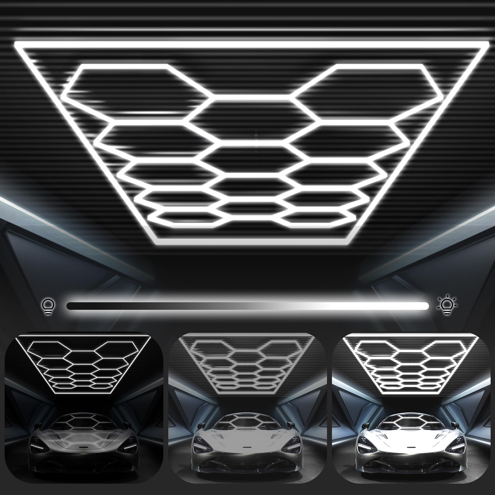 Photo 1 of ***********FOR PARTS ONLY- no wiring or plug***************
Hexagon Garage Lights 3 Level Dimmable with Rectangle Frame, High Brightness 672W 26000 to 86400LM 6500K, 14 Hex Grid for Garage, Shop, Basement, Car Detailing Shop etc. with Mounting Clip