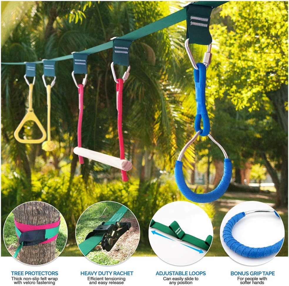 Ninja Warrior Obstacle Course for Kids - 2 x Ninja Slackline 42' with 9 Accessories for Kids, Ninja Wheel, Trapeze Swing Plus Webbing Ladder - Become a Ninja Warrior (Ninja Line + Support line): Toys & Games