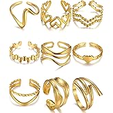 BETTY&SARAH 9PCS Gold Rings for Women Non Tarnish, 18K Gold Plated Chunky Adjustable Stackable Rings, Open Stacking Knuckle Ring Set Gifts