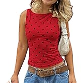 Women Y2K Tops Polka Dot Shirt Sleeveless Vintage Camisole Crew Neck Crop Tops Slim Fit Cami Going Out Streetwear