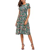 EXCHIC Women's Floral Printed Dress High Waist Midi Dress Short Sleeve