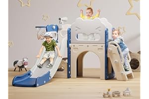 Babytronic Toddler Slide, 7 in 1 Kids Indoor Slide for Toddler 1-3, Indoor Outdoor Toddler Slide Playset with Basketball Hoop and Telescope, Baby Indoor Slide Toddler Playground(Blue&Gray)