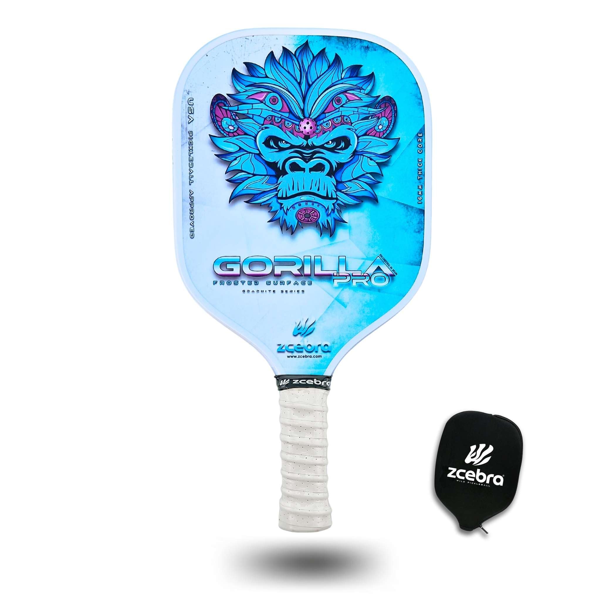 ZCEBRA Carbon Pickleball Paddle - Frosted Carbon Surface - Core 16mm Polypropylene Wide Shape - Neoprene Cover - Gorilla Pro Blue