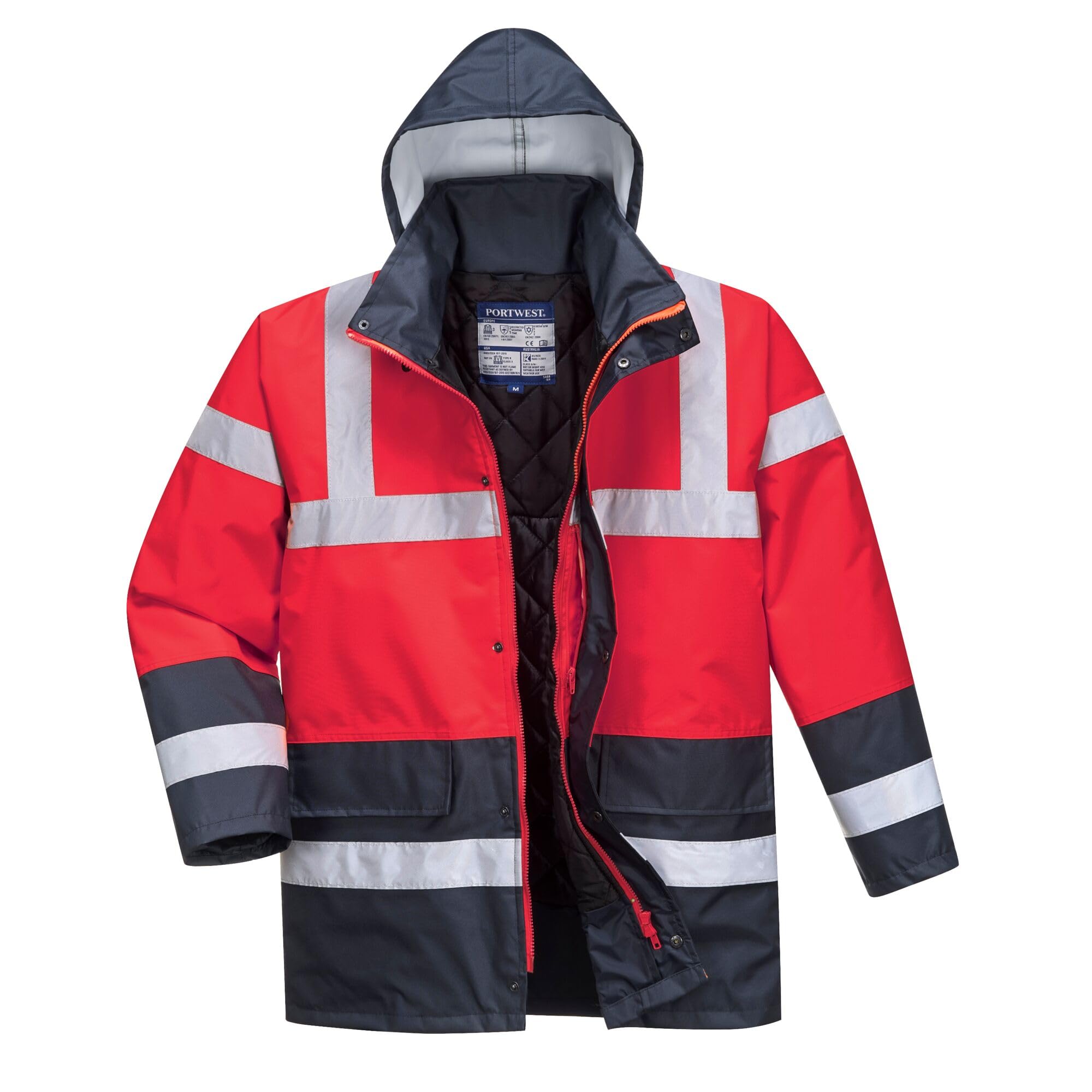 Portwest S466 Men's Waterproof Hi Vis Traffic Jacket - Reflective Safety Coat Red/Navy, XX-Large