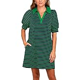 Yousify Women's Summer Lapel Collared V Neck Striped Dress Casual Puff Short Sleeve Polo Tshirt Dresses with Pockets