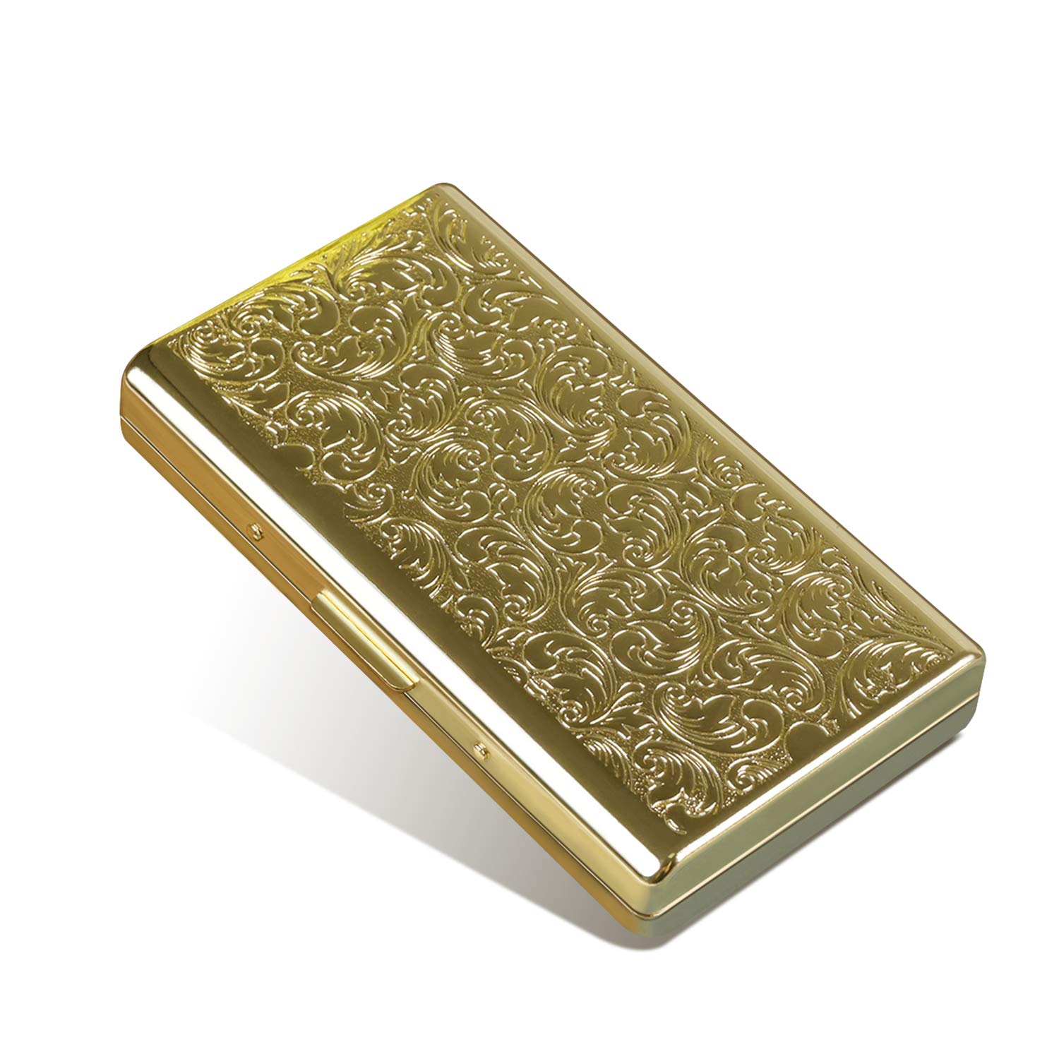Retro Metal Cigarette Case Box -Double Sided Spring Clip Open Pocket Holder for 14 100s Cigarettes, Credit Card Holder Protective Security Wallet for Men and Women (Gold)