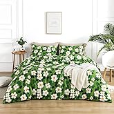 YuHeGuoJi Watercolor Botanical Duvet Cover King 100% Cotton 3 Pcs Set 1 Garden White Sage Green Floral Duvet Cover with Zipper Ties 2 Pillowcases Cute Cartoon Flower Bedding Set Soft