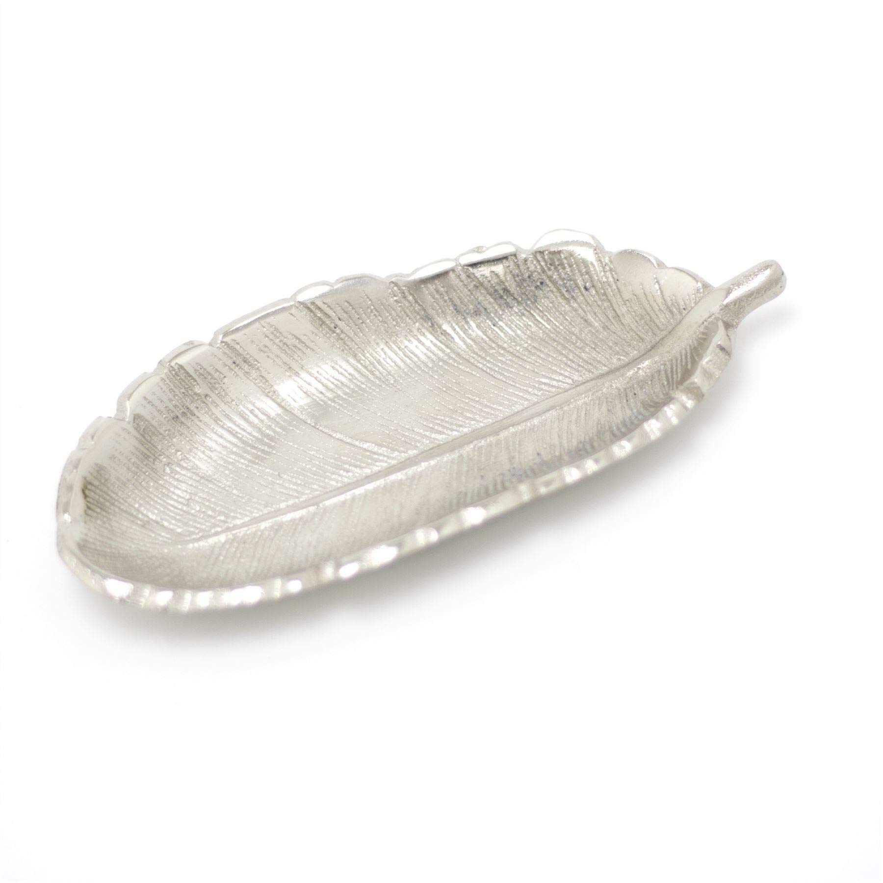 Carousel Home Gifts Stylish Silver Metal Feather Trinket Dish | Display Plate Vanity Tray | Ring Holder Jewellery Plate