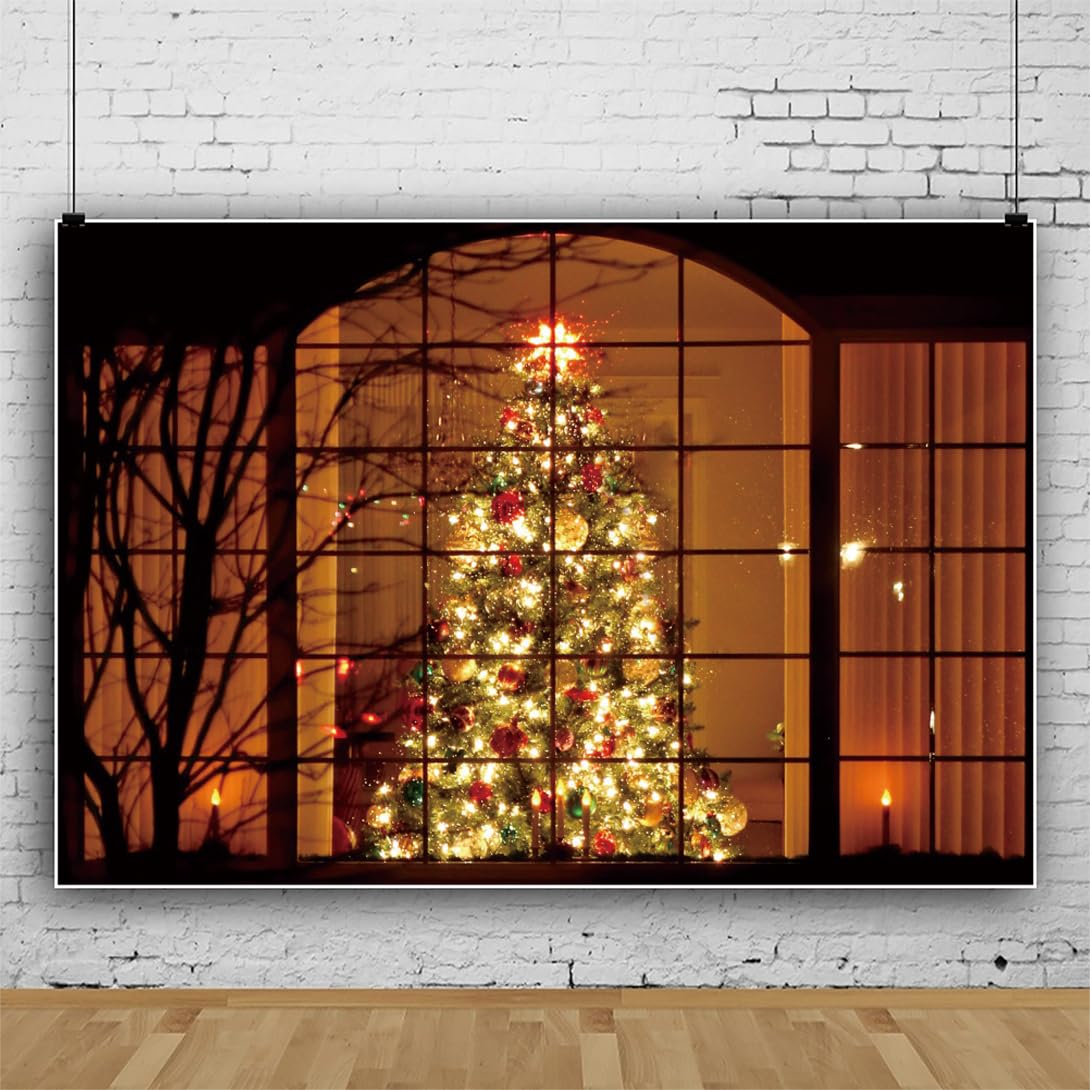 Bovlleetd Christmas Tree Photography Backdrop Window Candle Light Scene Photo Backdrops Xmas Gifts Party Background Home Christmas Eve Decoration Photo Booth Studio Props 10x8ft