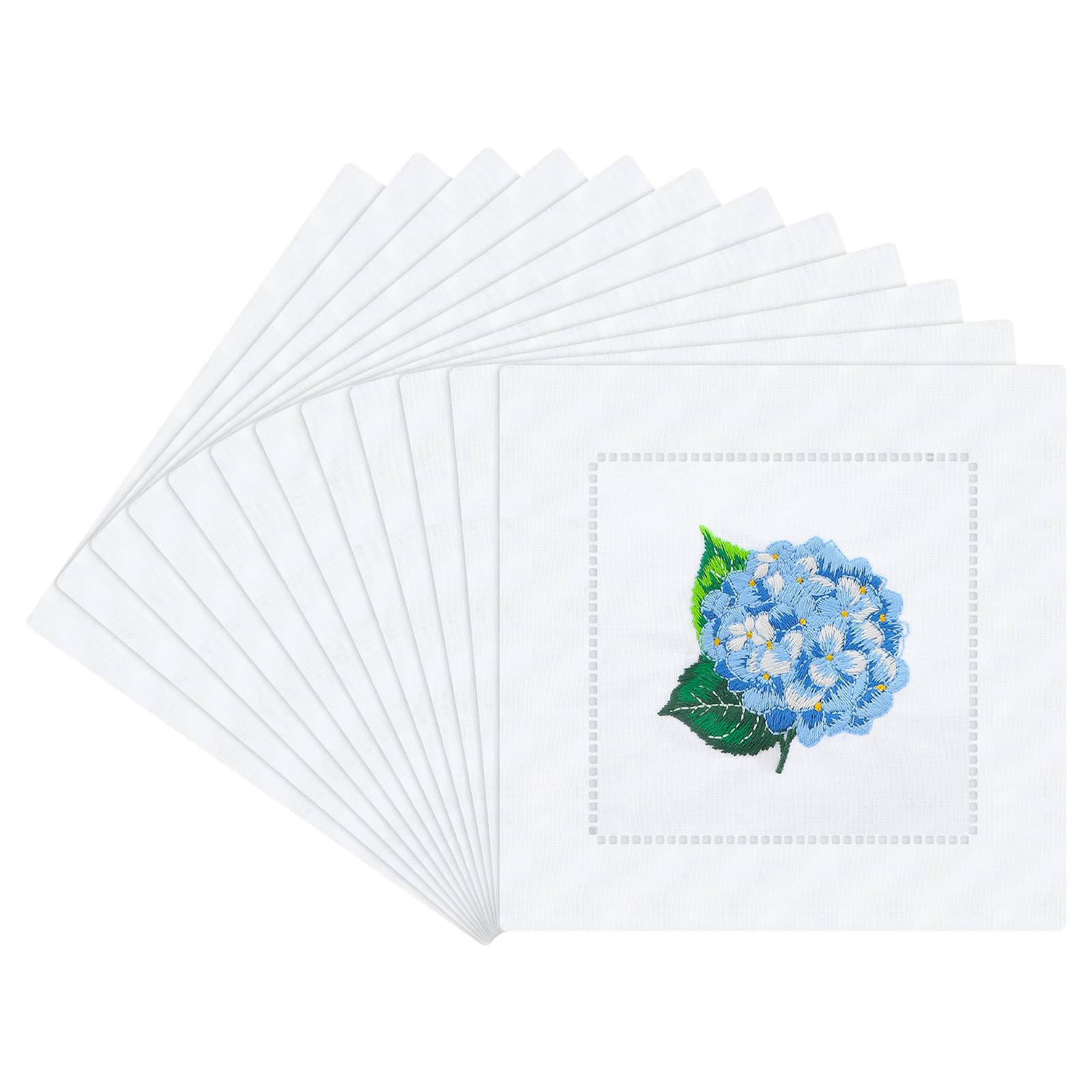 Photo 1 of 12 Pcs Embroidered White Cocktail Napkin 6'' x 6" Cloth Hydrangea Napkin Embroidered Cocktail Coaster Linen Cloth Coaster for Parties Ladder Hemstitch