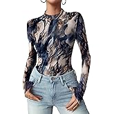 Zeagoo Womens Floral Mesh Long Sleeve Tops See Through Going Out Blouses Mock Neck Sheer Party Outfits Shirts S-XXL
