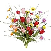 CISDUEO 6 Pcs Wildflowers Artificial Flowers Tulips and Fake Daisies Faux Wildflowers Spring Flowers Silk Floral Arrangement for Wedding Party Valentine Easter Home Decor Table Centerpieces Summer