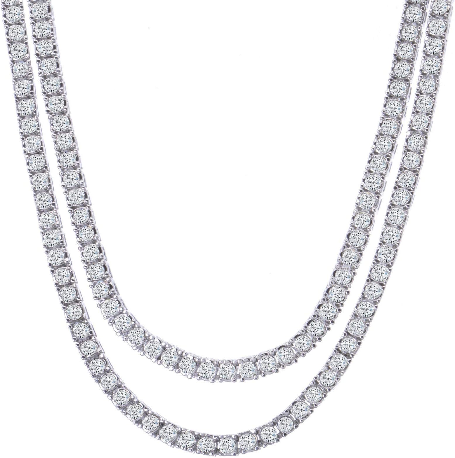 Pyramid JewelersMens Iced Out Hip Hop Silver tone CZ Miami Cuban Link Chain Choker Necklace (1 Row CZ Chain Set 18"+20")