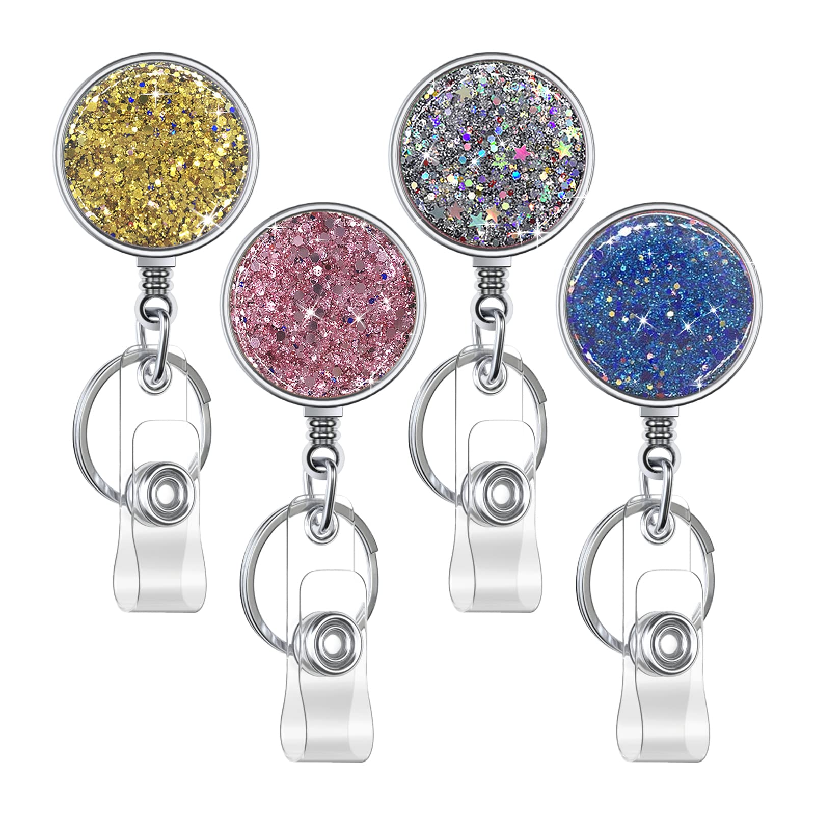 Retractable Badge Holder, Lightweight Plastic Badge Reel Retractable Card Holder with Key Ring Backing Belt Clip for Nurse,Volunteer,Teacher,Student,Office (4 Pack Golden Silver Pink Blue)