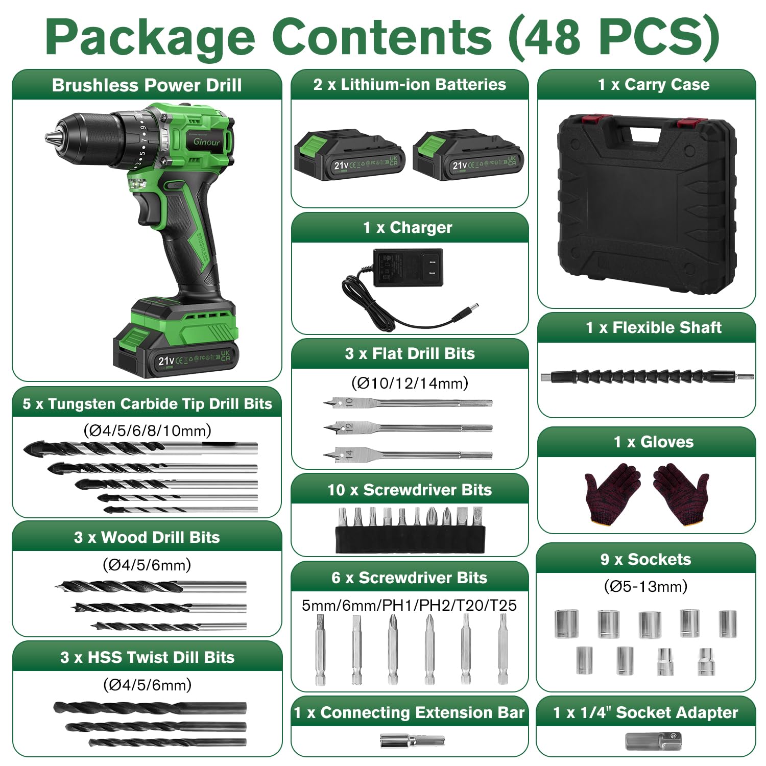 Ginour 21V Brushless Cordless Hammer Drill 442 in.lbs 18000BPM 3/8