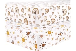 Babebay Fitted Crib Sheets for Boys and Girls, Baby Crib Sheet Neutral for Standard Crib Mattress & Toddler Bed Mattress, Soft and Safe Jersey Knit Cotton, 2 Pack (Rainbow and Sun)