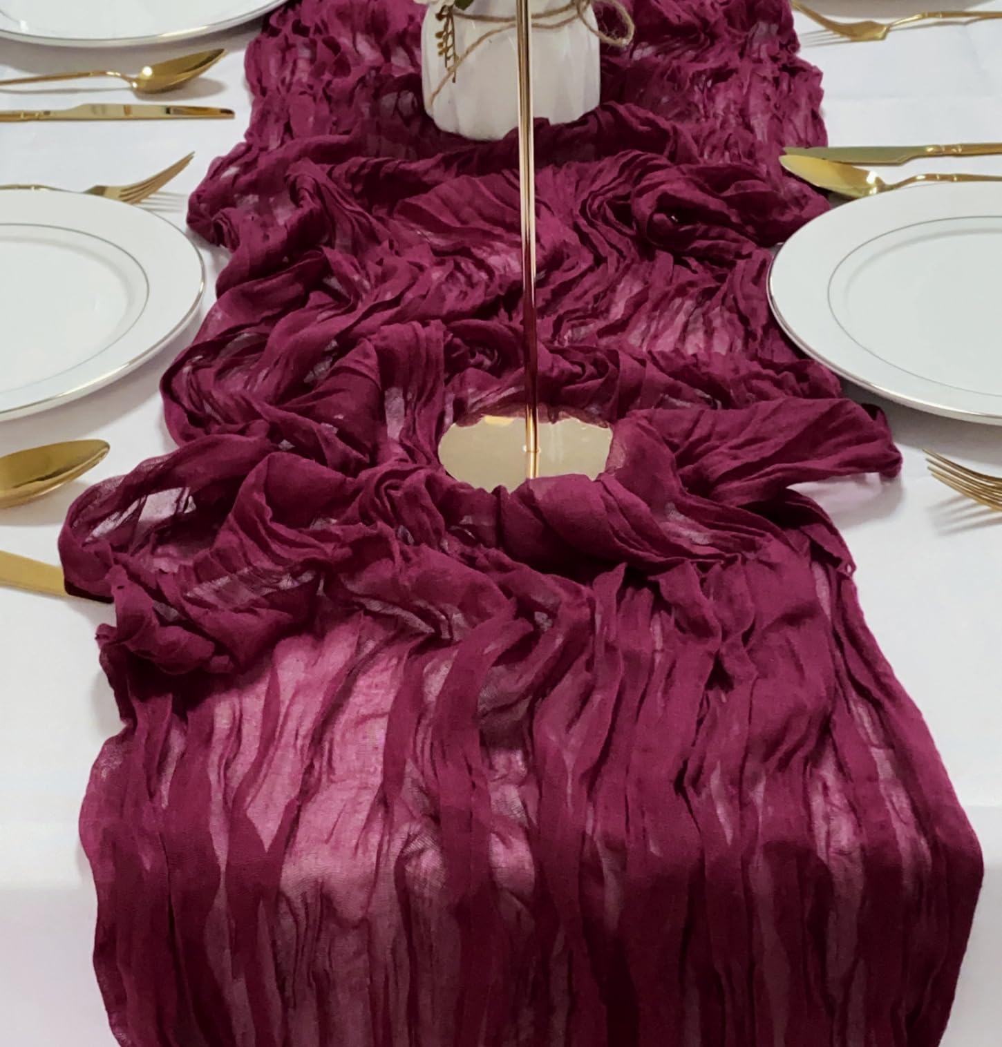 Photo 1 of 4 Pack Burgundy Cheesecloth Table Runner 35x120 Inches Wine Red Cheese Cloth Table Runners Boho Gauze Table Runner 10ft for Wedding Party Table Decor Bridal Baby Shower Birthday Decor