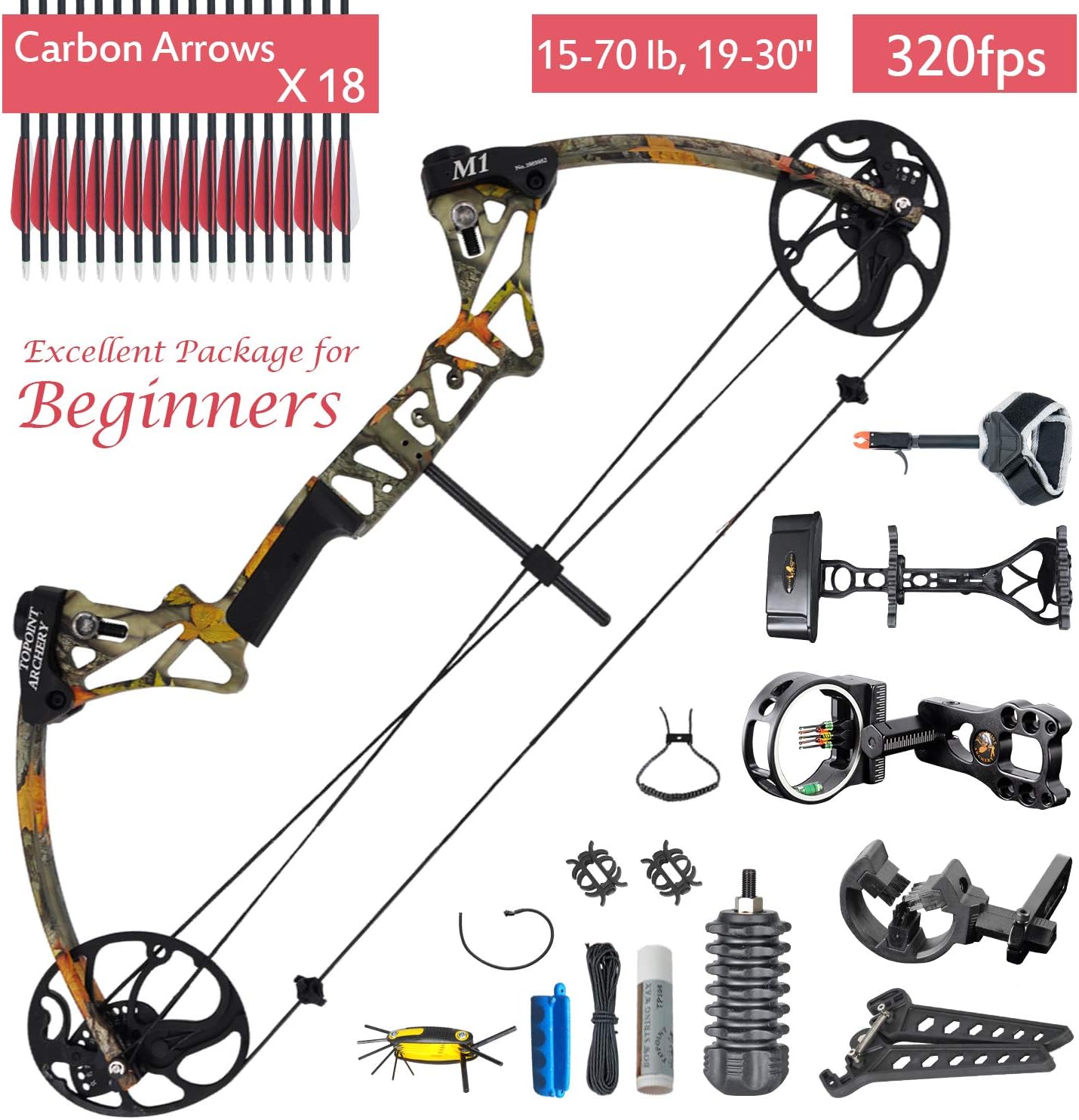 XQMART Compound Bow Package,for Adults,Right Handed,Archery Hunting Equipment,with Hunting Accessories,19-30" Draw Length,15-70Lbs Draw Weight,IBO Rate 320fps(Forest Camo) (Ship from USA Warehouse)