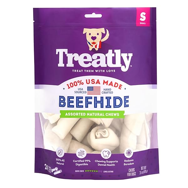 TREATLY USA BEEFHIDE SMALL ASSORTED DOG CHEW TREATS – NATURAL FLAVOR, 24 COUNT/1 PACK