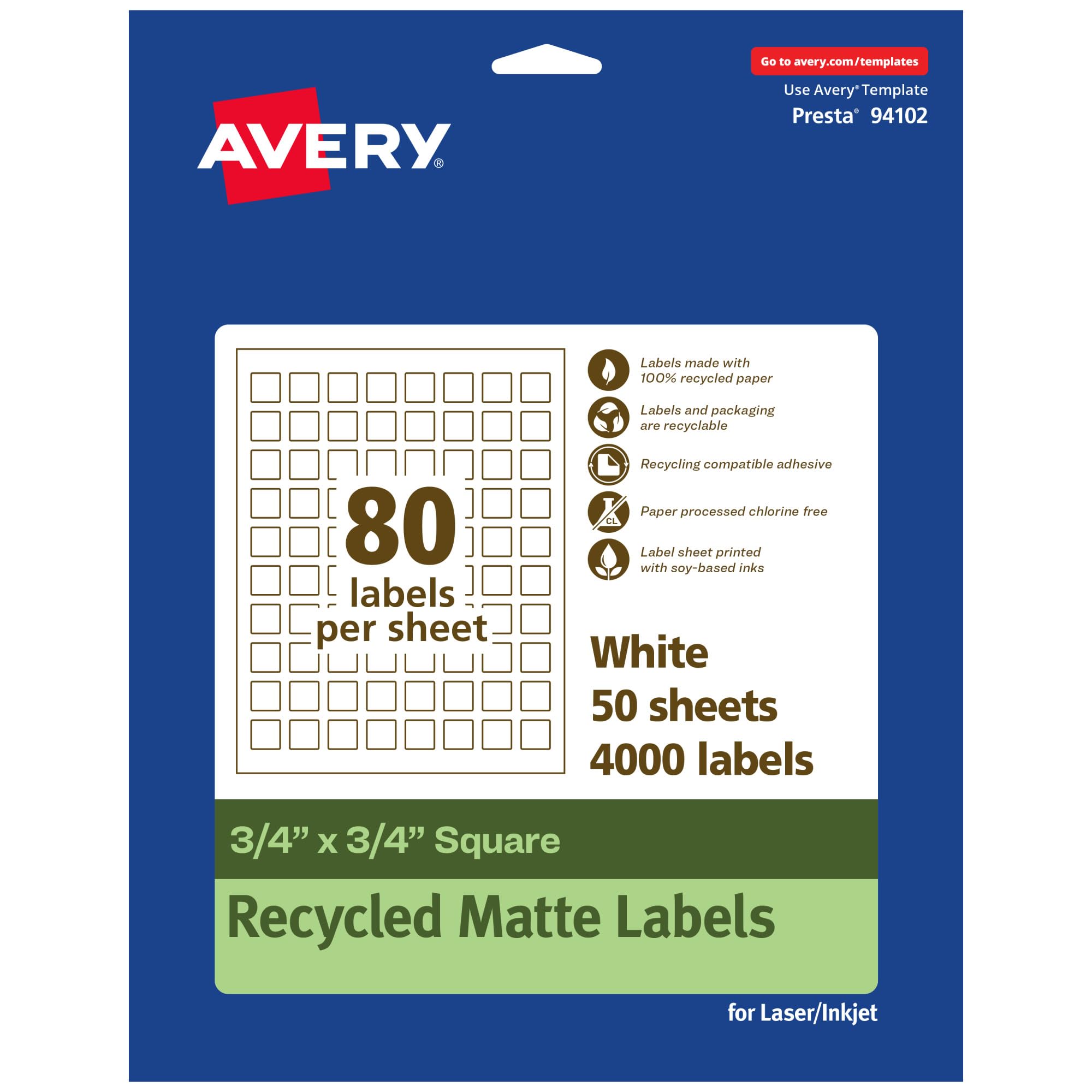 Avery EcoFriendly Matte White Recycled Square Labels, 3/4″ x 3/4″, Print-to-The-Edge, Matte White Labels, Permanent Adhesive, Laser/Inkjet Printable, 4,000 Total