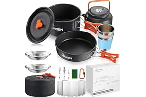 HOMGEN 14-Piece Camping Cooking Set with Stove Windshield & 2 Plates - Lightweight Aluminum Nesting Pot/Frying Pan Teapot - C