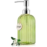 MOCLIF 16 OZ Soap Dispenser,Tempered Glass Clear Vertical Stripe with 304 Rust Proof Stainless Steel Pump Refillable Liquid Hand Soap Dispenser,for Bathroom, Kitchen, Dish Soap,Lotion (Green)