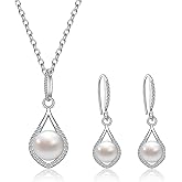 AILUOR Pearl Jewelry Set for Women, Faux Freshwater Single Pearl Necklace and Earring Set with 18 Inch Silver Chain Dainty Wedding Jewelry for Brides Mom Mother's Day Birthday Gifts