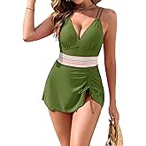 seamoly Women's One Piece Swim Dress Tummy Control V Neck Swimsuits Ruched Drawstring Sarong Wraps Bathing Suit