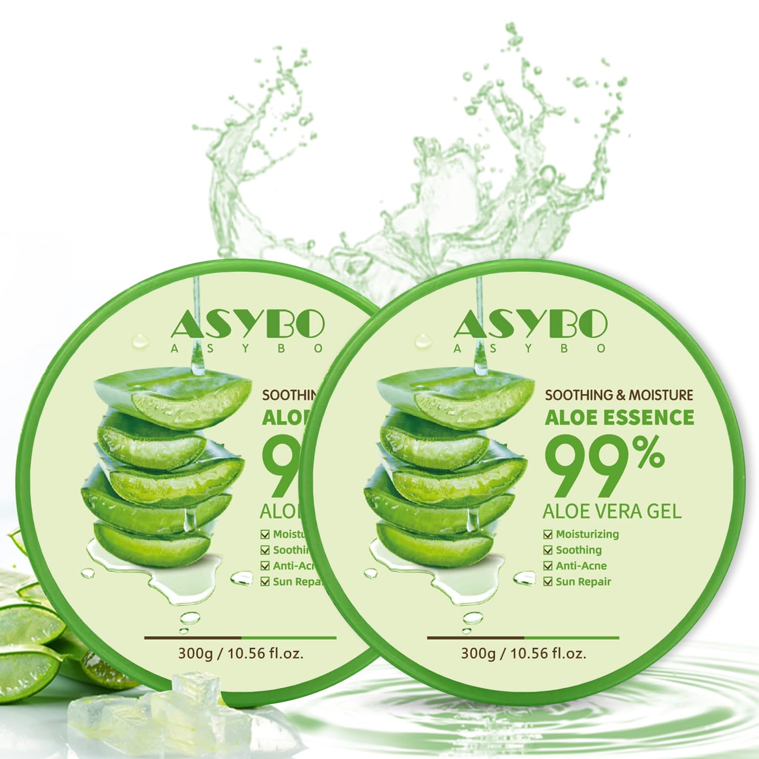 ASYBO 300x2 ML Natural Aloe Vera Gel -Organic Moisturizing Aloe Vera, Soothing and Hydrating, Sunburn and Scar Repair, After Sun Care for Face Body Hair