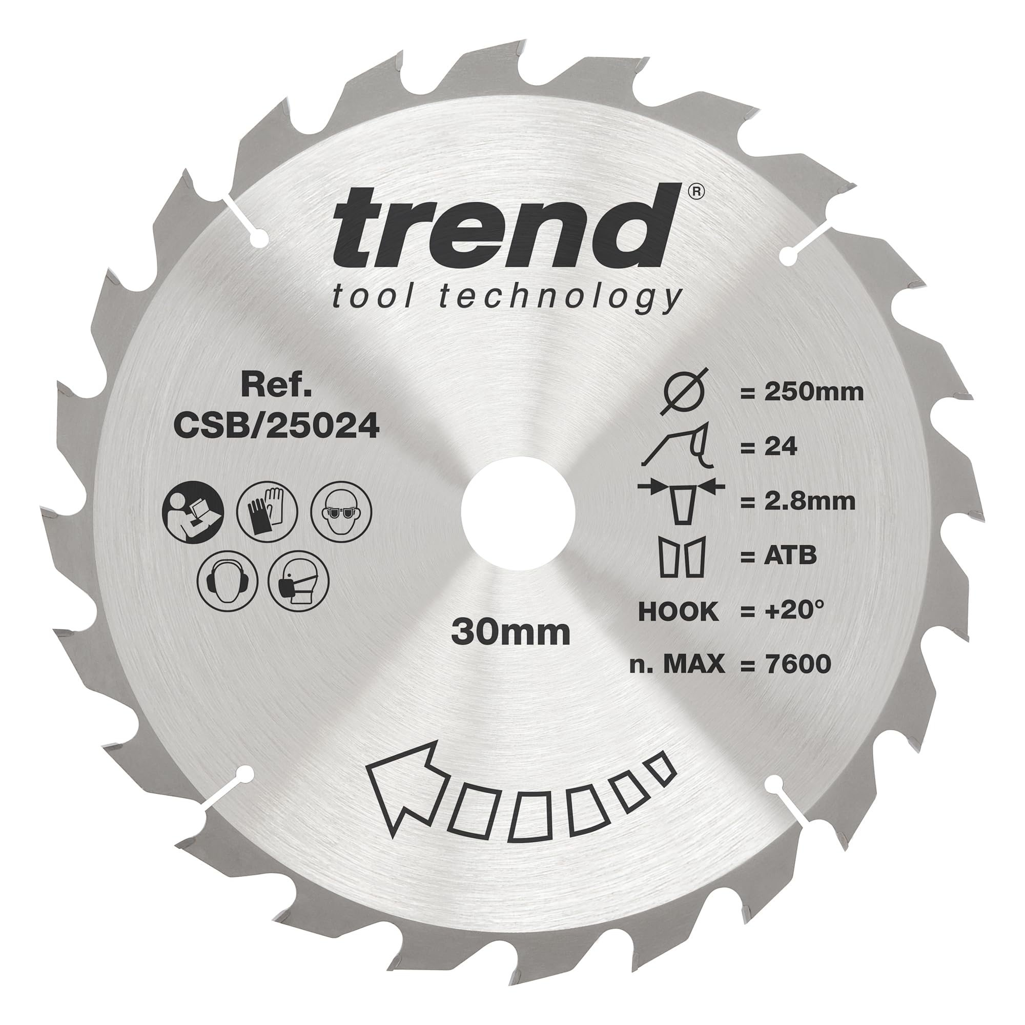 Trend Wood Circular Saw Blade, 250mm Diameter, 30mm Bore, 24 Teeth, 2.8mm Kerf, +20° Hook, TCT, Coarse Finish, CSB/25024