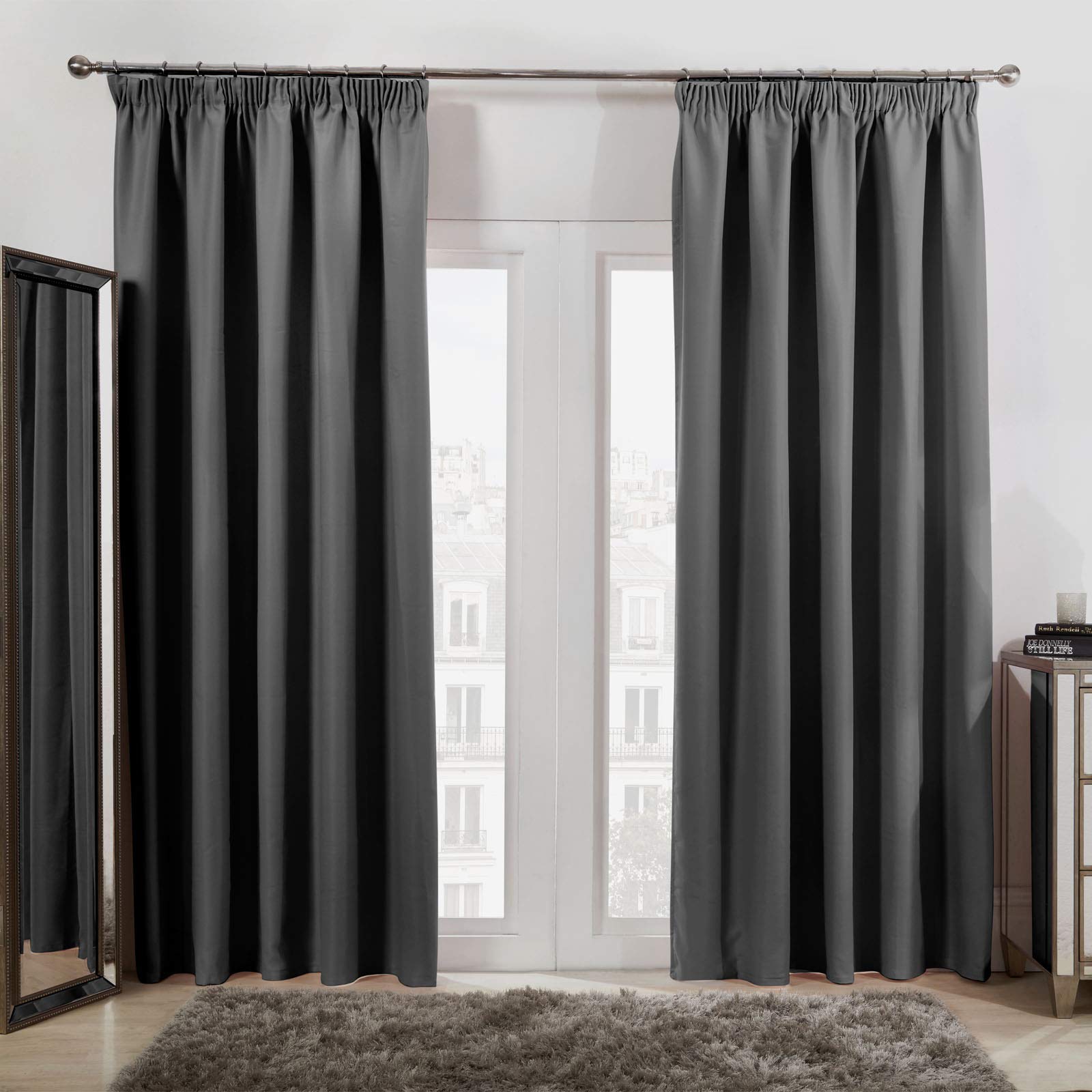 Dreamscene Pencil Pleat Blackout Curtains Set of 2 Thermal Tape Top Heading Panels, Charcoal Grey - Width 46" x Drop 54" — image 1