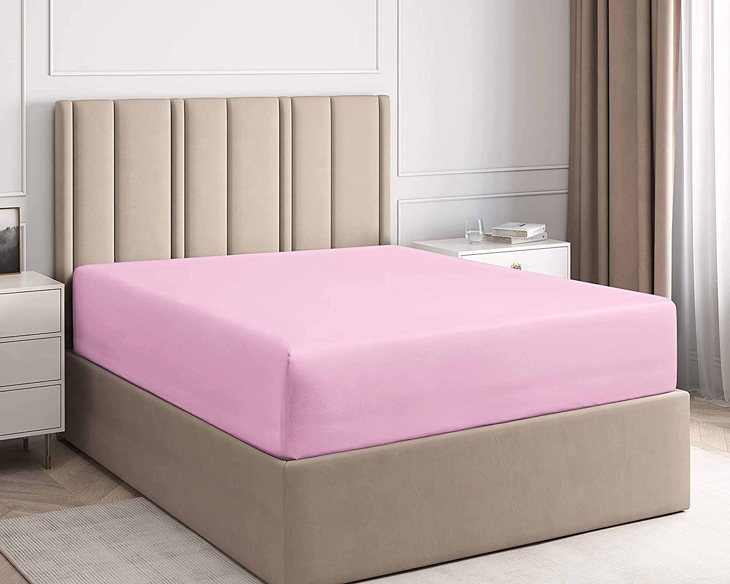 Extra Deep Fitted Sheet with Pair of Matching Pillowcase Double and King Sizes (Pink, King)