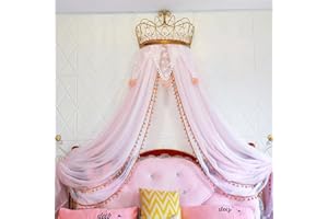 LIANGQIANJIN Bed Canopy for Girls, Princess Bed Canopy with Lights & Elegant Metal Crown, Enhances The Charm of Your Child's Bedroom, Serving as Both Mosquito Netting and a Romantic Canopy (Pink)