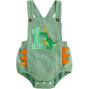 Lamuusaa Toddler Baby Boy Birthday Outfit Sleevelesss Half/One Dinosaur Embroidery Romper Backless Bodysuit Cake Smash Outfit